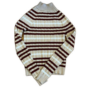 Hooked Up Striped Mock Neck Cable Knit Sweater Tan Burgundy Size Small